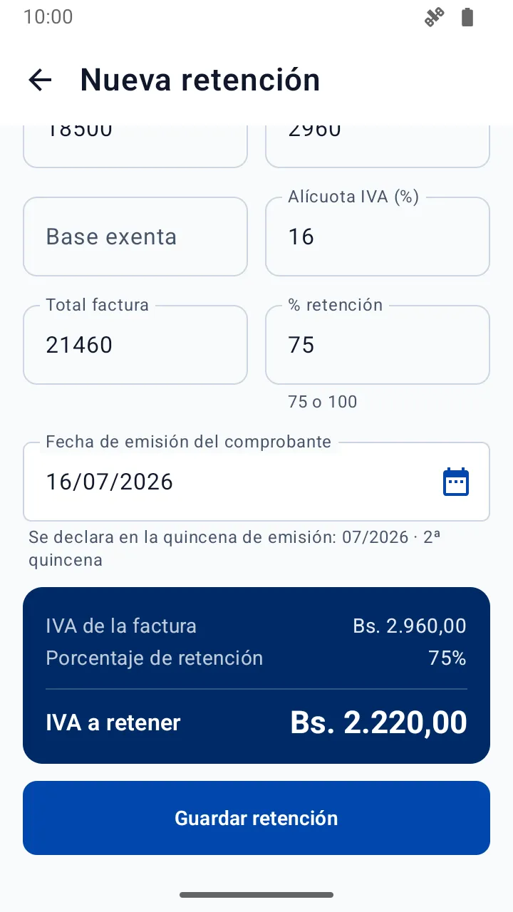 Cálculo de la retención en TaxMind: IVA de la factura, porcentaje aplicado e IVA a retener